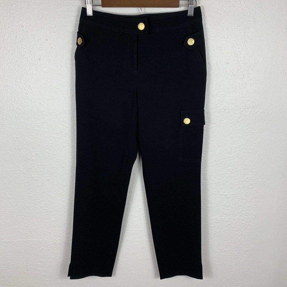ST. John Black Label Military Cargo Dress Pants Black Gold Crop stretch size 2